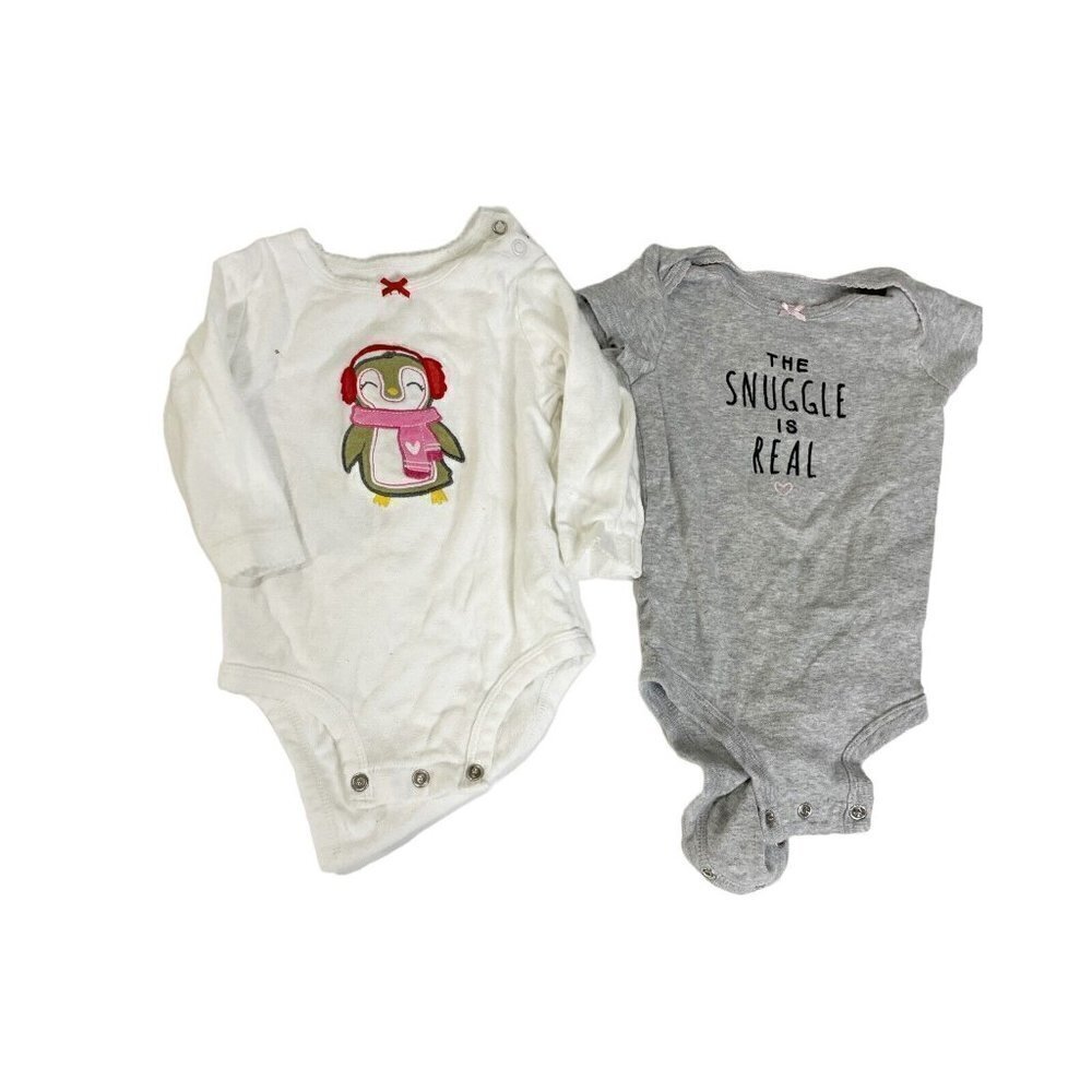 Carters Baby Girl 6 Month Lot 2 One Piece Body‎ Suit Set White Gray Holiday